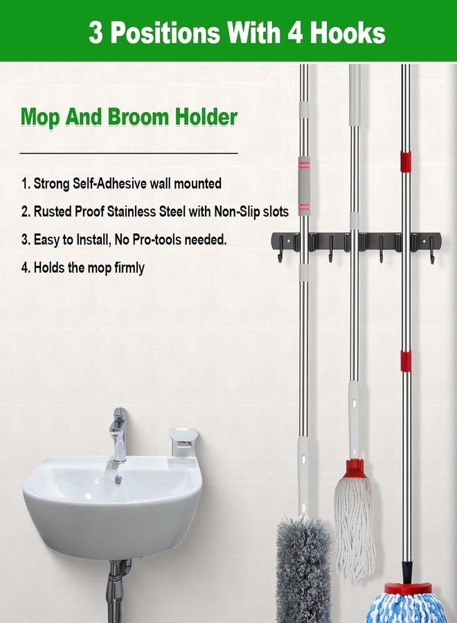Boniry Broom Holder and Mop Organizer | Mop Holder For Wall Without Drilling with 3 Slots and 4 Hooks for Kitchen, Garage, Garden, and Utility | Space Saving Cleaning Tool Organizer (Black) - Image 3
